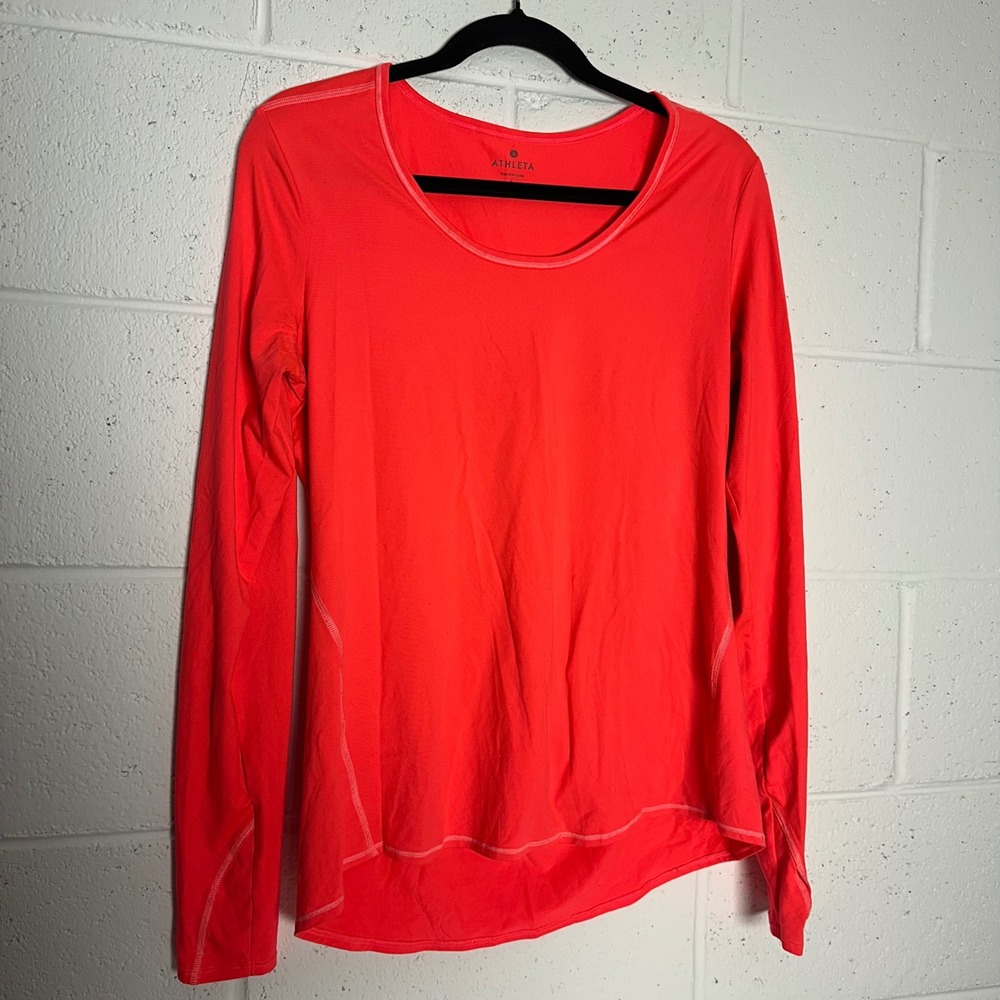 Athleta Womens Large Neon Coral Long Sleeve Performance Top Thumbholes Workout